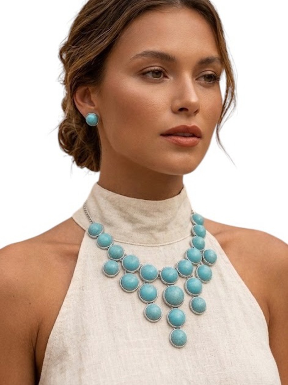 Faux Turquoise and Gold Statement Necklace with Matching earrings